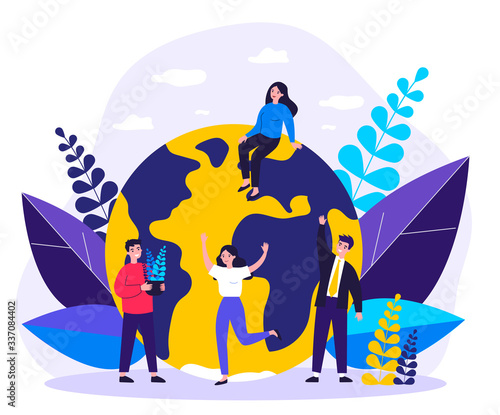 Earth, men with plants and women flat vector illustration. Tiny people saving world ecology and huge planet at background. Eco, environment and protecting nature concept