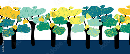 African savannah trees seamless vector border. Repeating nature landscape repeating pattern Acacia trees. Wild African nature design. Use for banner, card decor, letter, footer