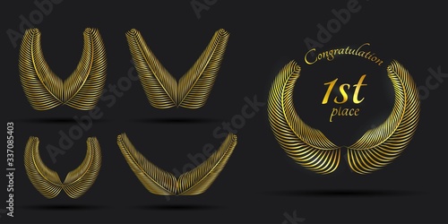 Vector realistic illustration. Golden wreath isolated on dark background. Emblem decoration. Design for banner, poster, games, print, warranty certificate. Symbol of glory. Set of wreathes