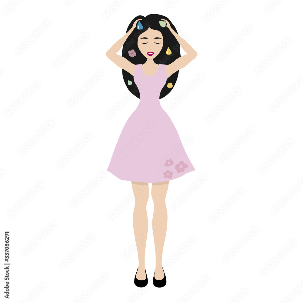 Girl in a pink dress with care symbols on hair. Vector isolated on white.