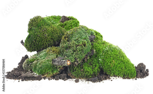 Mossy hill - green moss and pile dirt isolated on a white background.