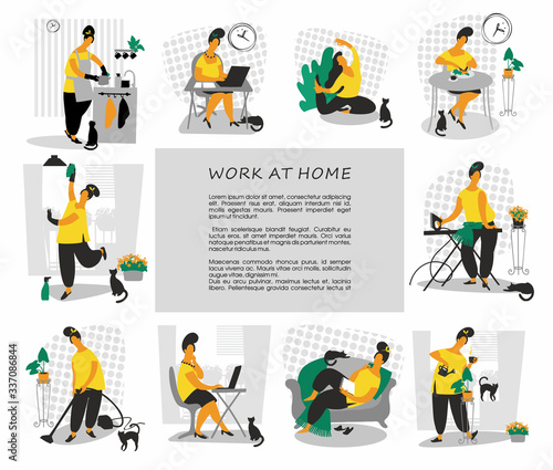 Work at home. Remote working. Freelance. Home office. Woman self employed concept remote working. vector illustration. Woman at work at home. Social isolation. Flat style. place for text