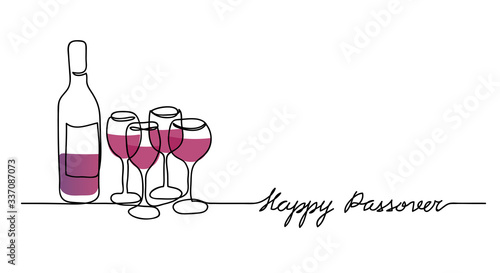 Wine bottle and four wine glasses vector illustration. Happy passover, jewish holiday pesach. One continuous line drawing