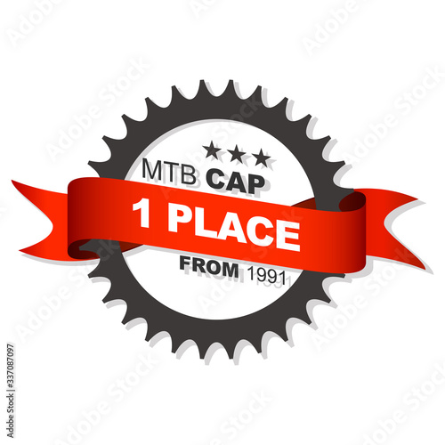 Bicycle chainring with red ribbon and place for text. Bicycle competition sign with gear. 3d vector banner template.