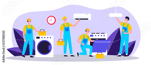 Happy servicemen repairing machines at home flat vector illustration. Electrician, mechanic or repairer at work. Repair and maintenance concept.