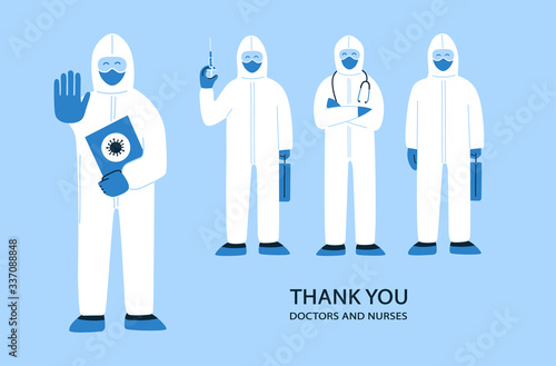 Vector illustration in flat style. Thank you doctors and nurses helping people to cope with novel coronavirus COVID-19. People in white hazmat suits and masks. Life saver. Heroes working in hospitals
