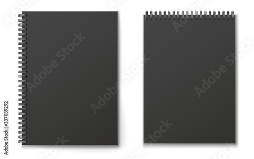 Realistic black modern vertical closed realistic spiral notepad mockup set.