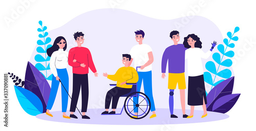 Volunteers helping disabled people. Group of men and women with special needs, on wheelchair, with prosthesis. Vector illustration for support, diversity, disability, lifestyle concept
