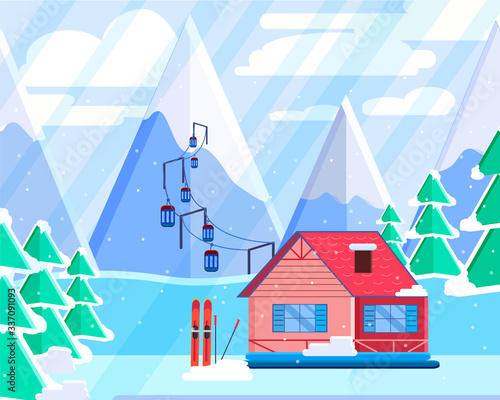 Ski Mountain Resort. Nature Vector landscape. Flat illustration.