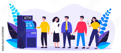 Queue of bank clients standing at ATM. People standing in line for using their credit card for transactions. Vector illustration for finance, money withdraw, currency concept