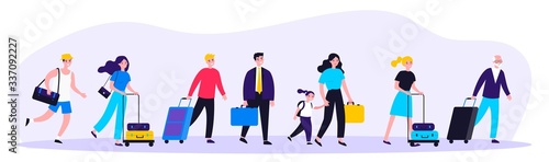 Happy tourists with suitcases walking together flat vector illustration. Group of people travelling abroad. Family with bags going from airport. Men and women during trip. Tourism and journey concept