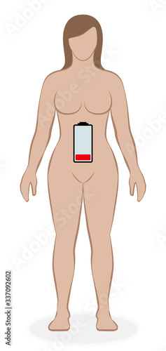 Female body with empty battery, symbolic for decreasing energy, health, fitness, power, vitality or youthfulness. Isolated vector illustration on white background.
