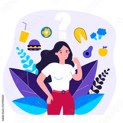 Cheerful woman thinking over her snack and choosing between junk and healthy food. Vector illustration for health, choice, diet, healthy vs unhealthy concept