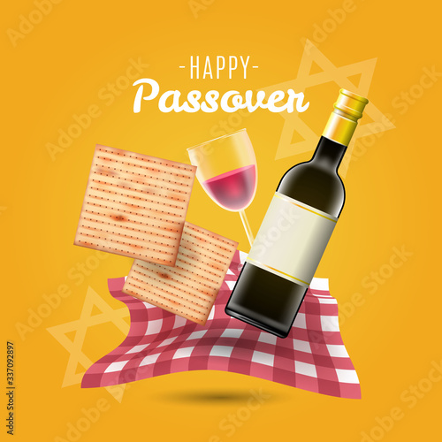 Happy Passover background traditional matzoh and wine