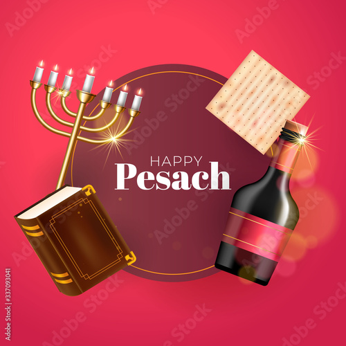 Happy Passover Holiday greeting card with wine glass, matzah, menorah and torah