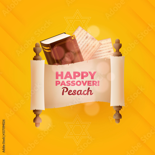 Happy Passover greeting card with torah and matzoh,