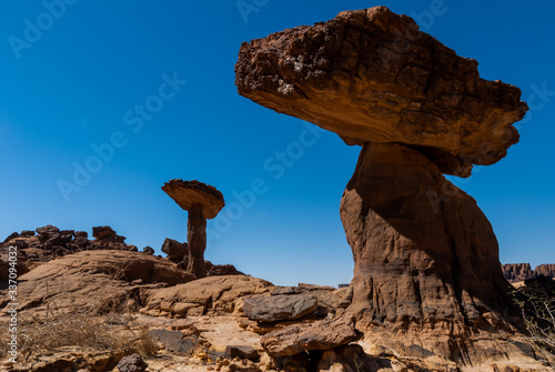 Sandstone towers in form of mushroom in the Ennedi desert of Chad, Africa