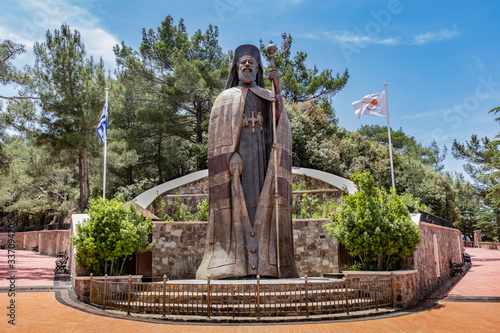 monumental bronze statue of makarios the third, first president of cyprus and archbishop, in troodos mountains on the famous tur