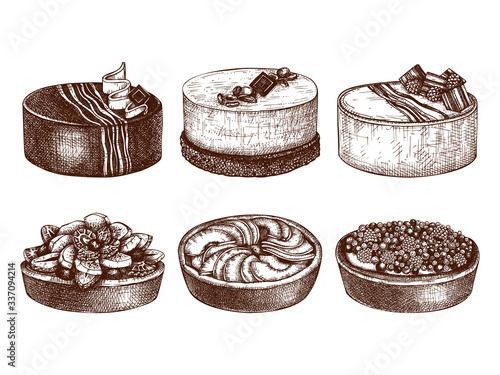 Fruit and berry desserts collection. Hand drawn baking cakes and pies. Homemade fruit dessert recipe drawing. Sweet bakery set. Top view cakes for food delivery, homemade recipe, cafe menu design.