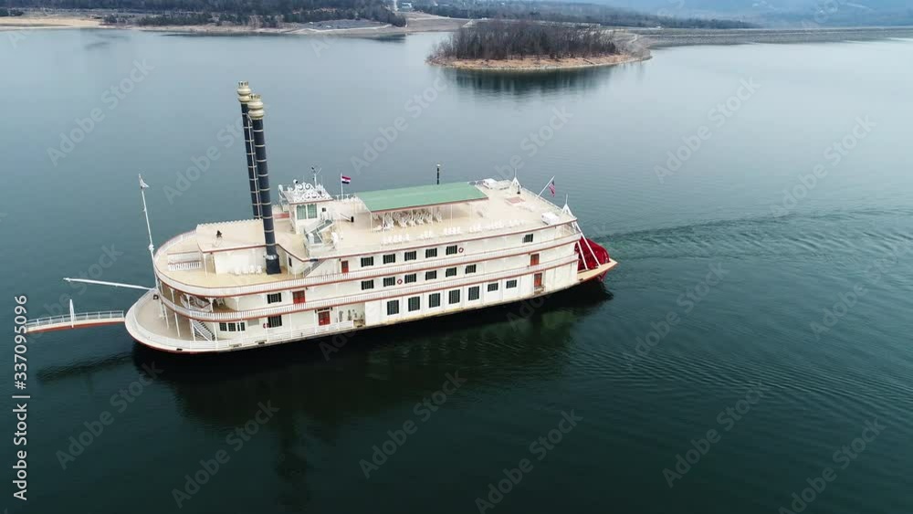 Wide aerial, ferry travels on Table Rock Lake in Missouri Wide aerial, ferry travels on Table Rock Lake in Missouri