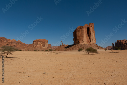Abstract rocks formation at plateau Ennedi  one in lyre shape in the background  in Sahara desert  Chad  Africa
