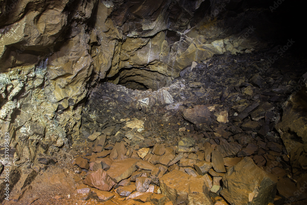 Underground abandoned platinum ore mine tunnel collapsed