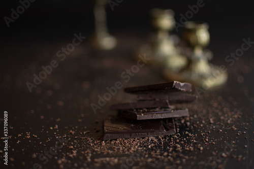 chocolate, dessert, dark chocolate, dark background, pleasure, sweetness, kako, sugar, tablet, cube, celebration, gift, closeup, chocolate on dark background, front view, image, chocolate, cream, hard