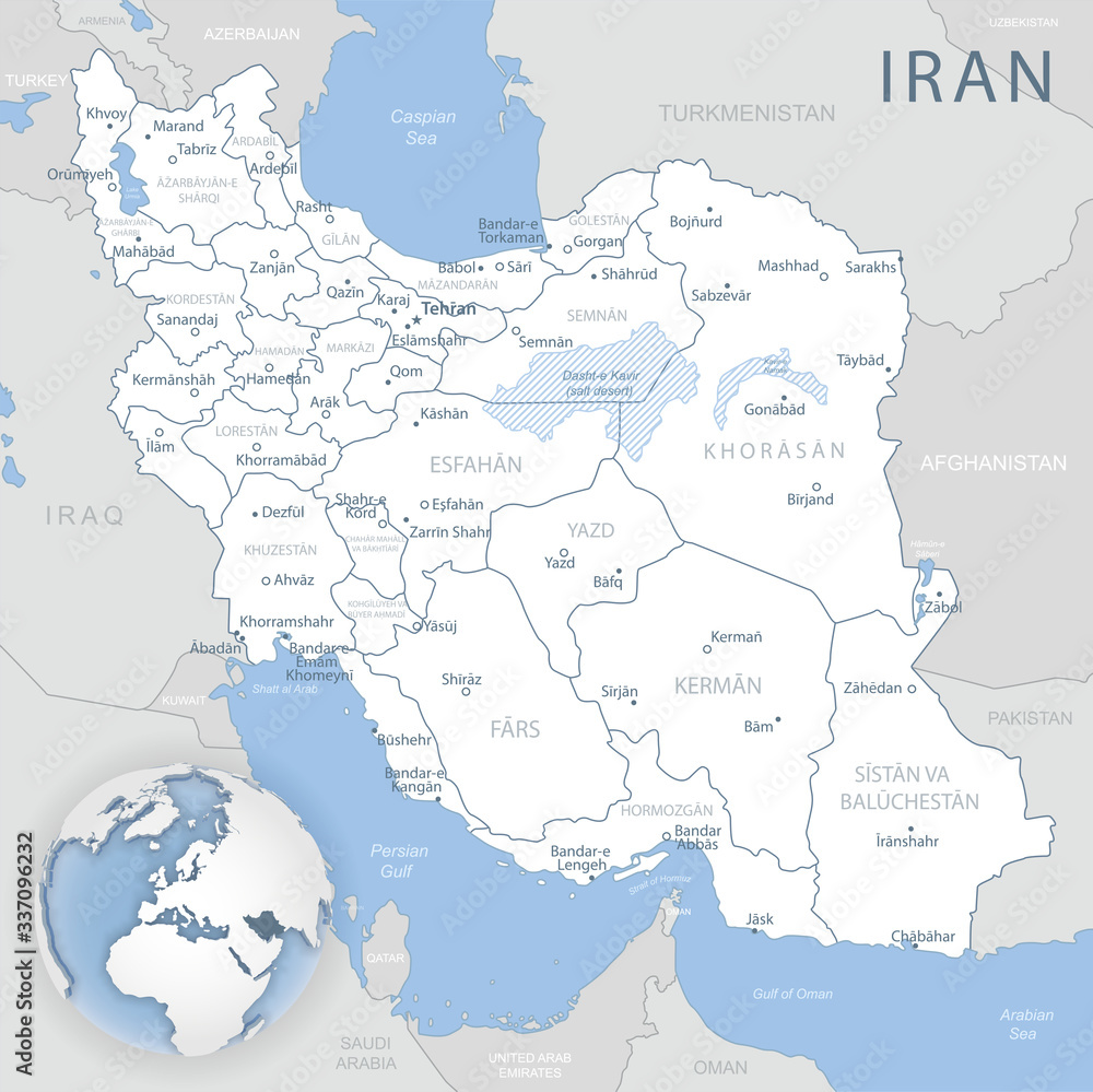 Blue-gray detailed map of Iran and administrative divisions and location on the globe. Vector illustration