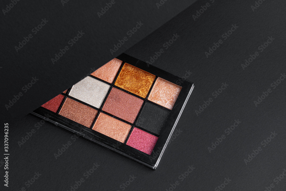 Color professional cosmetic palette on a dark background, close up Color professional cosmetic palette on a dark background, close up