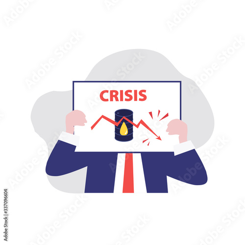 Vector illustration of man in suit and banner in his hands with down price statistics cause economic crisis and barrel of oil. Falling markets, drop bonds and stocks. Oil crisis