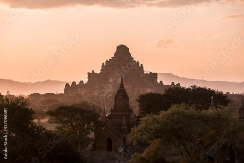 silhouette of ancient bagan temples at sunset in myanmar