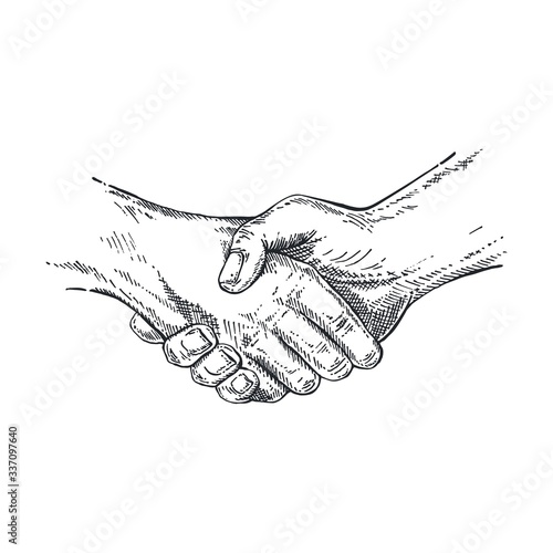 Handshake symbol in sketch style. Hand gesture showing Partnership. Businessman making handshake agreement gesture. Hand sign on isolated background for poster, label, web, retro card design. Vector