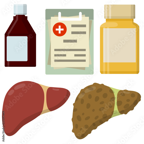 Healthy and diseased liver. Causes of illness the internal organ. Package of pill and tablet. Medical diagnosis. Funny cartoon flat illustration.