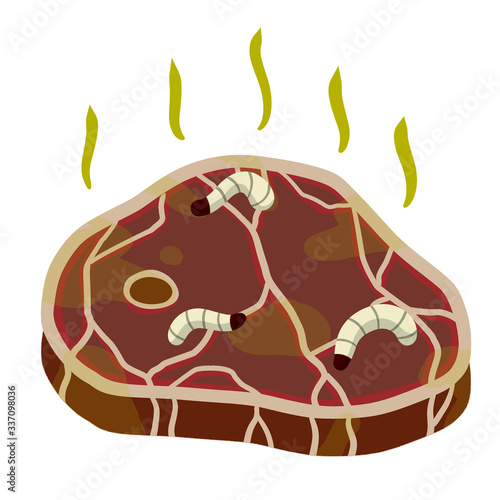 Rotten meat. Stinky food. White insect caterpillars on meal. Health hazard. Cartoon flat illustration. Maggot worms