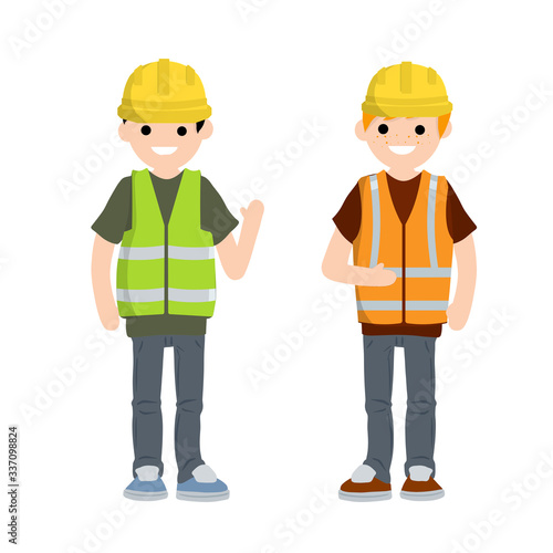 Construction work. Clothing and tools worker. Yellow uniform, gloves, green vest and helmet. Cartoon flat illustration. Maintenance service