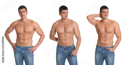 Collage of man with sexy body on white background