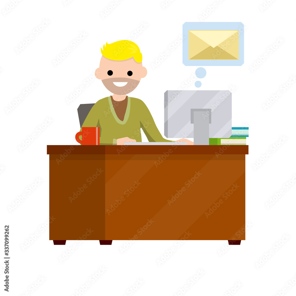 Young man sit at table with computer and receives letter. e-mail in messenger, chat with friends on Internet. Cartoon flat illustration. Work in office. postal envelope in bubble Young man sit at table with computer and receives letter. e-mail in messenger, chat with friends on Internet. Cartoon flat illustration. Work in office. postal envelope in bubble