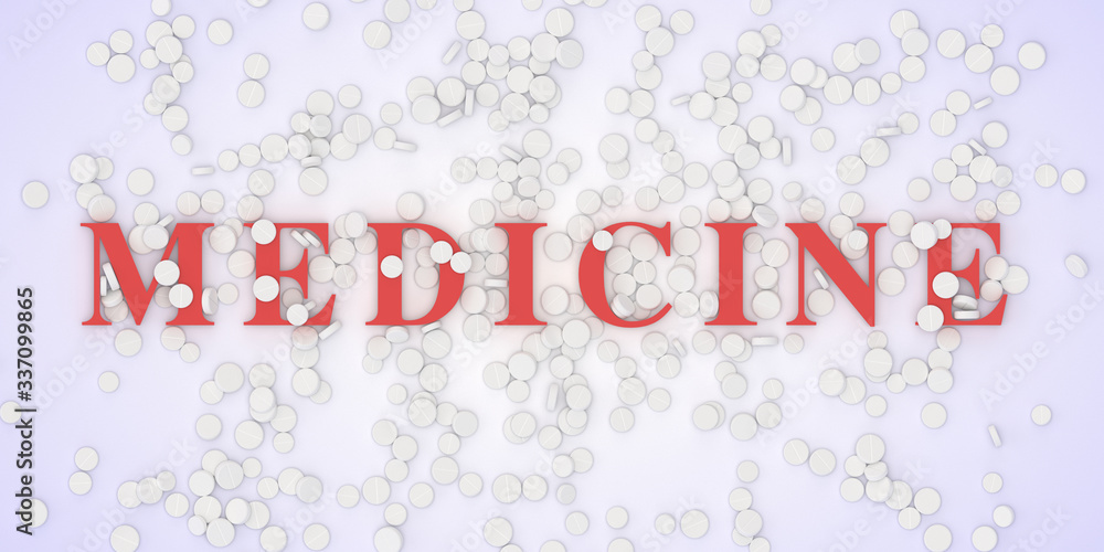 Top view of a pile of medication tablets with red medicine lettering. 3D illustration on a medical topic Top view of a pile of medication tablets with red medicine lettering. 3D illustration on a medical topic