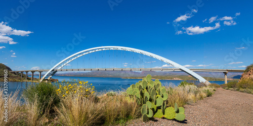 Schilderij op canvas Panorama of Roosevelt Lake Bridge in Spring