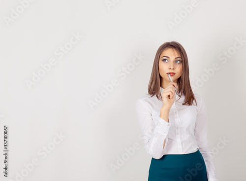 woman, thinking daydreaming deeply about something, looking to side, isolated on white background. Human facial expressions, emotions, feelings, signs symbols