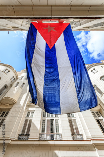 Havana Cuba Cuban flag in the wind.  Museum of revolution.