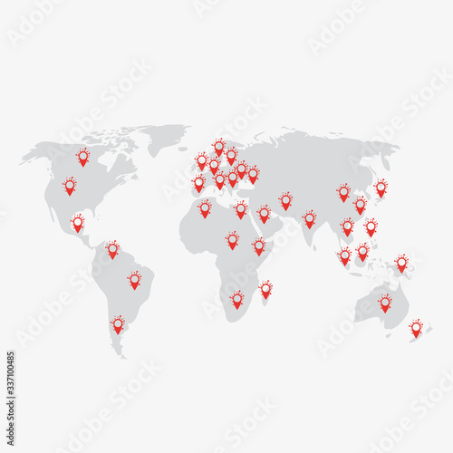 Map of world with points of location Coronavirus COVID-19 . Virus bacteria Coronavirus nCoV, SARS-CoV-2