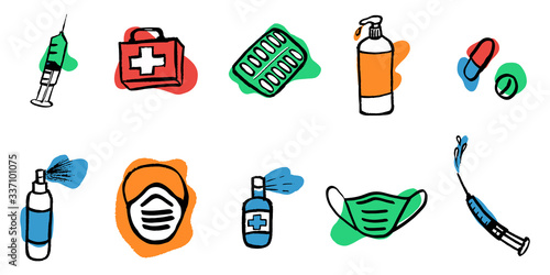 Medication, pharmaceutics concept. Vector illustration Medicine, pharmacy. Various meds set is protected against disease and drug prevention. Background. Wallpaper