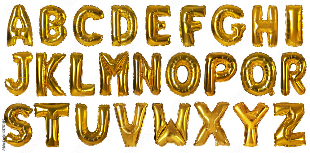 Set with golden foil balloons in shape of letters on white background. Banner design Set with golden foil balloons in shape of letters on white background. Banner design