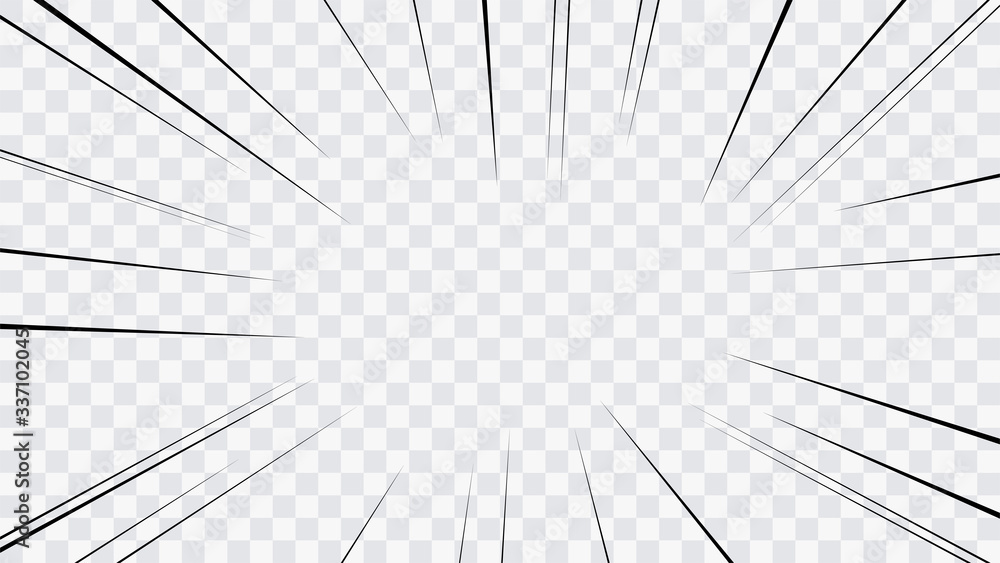 Obraz premium Abstract comic book flash explosion radial lines on transparent background. Vector illustration superhero design. Bright black light strip burst. Flash ray blast glow. Speed lines Manga frame. Anime