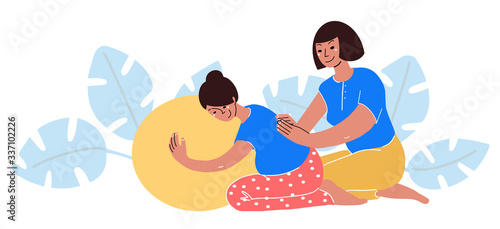Doula support instead partner pregnant woman. help physical and emotional labour and birth to go smoothly. Vector illustration flat design