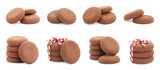 Set of delicious chocolate cookies on white background. Banner design
