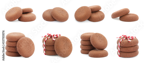 Set of delicious chocolate cookies on white background. Banner design