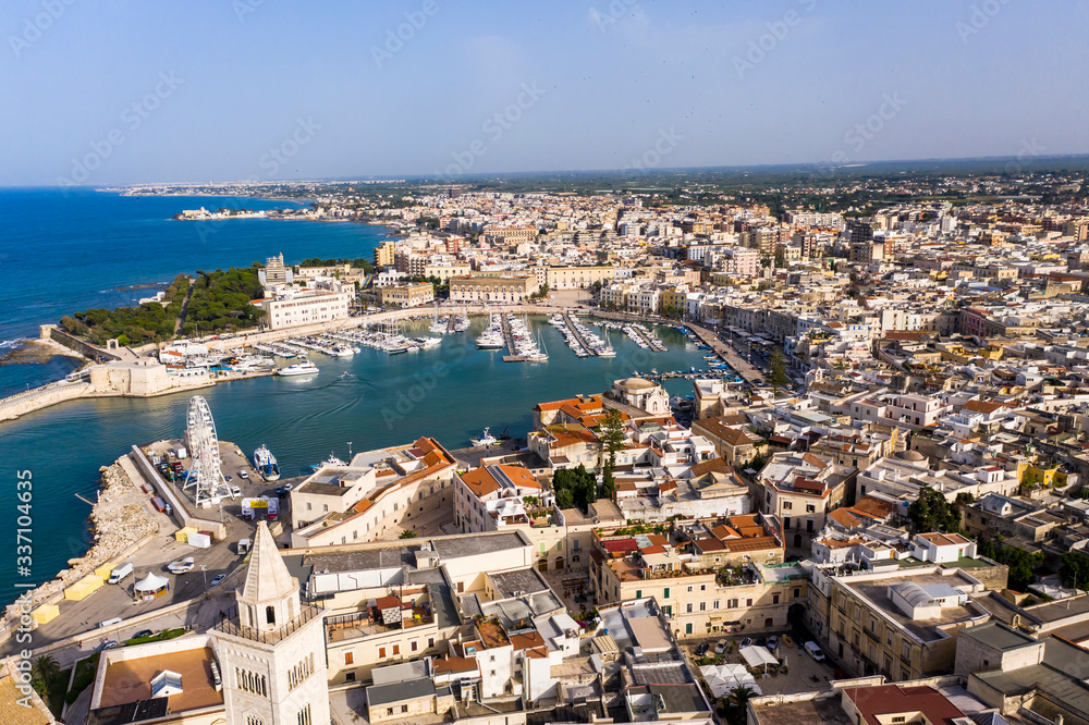 Naklejka premium Aerial view, Cathedral of San Nicola Pellegrino, Sea Cathedral of Trani, Puglia, Southern Italy, Italy,
