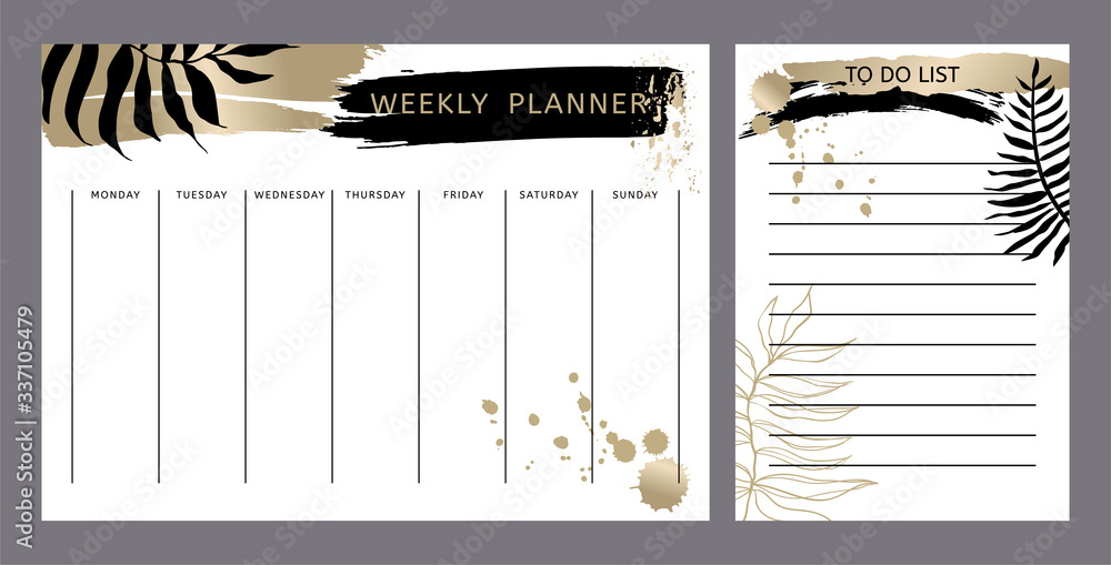 Weekly planner and To Do List with gold and black brush strokes and ...